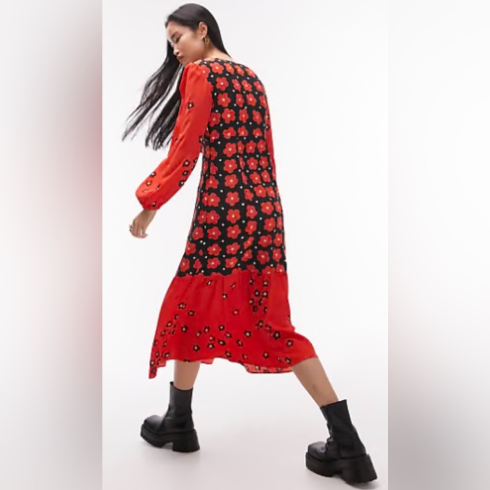 Topshop Long Sleeve Flounced Floral ColorBlock Midi Dress Navy & Poppy Red TB15 - Picture 8 of 12